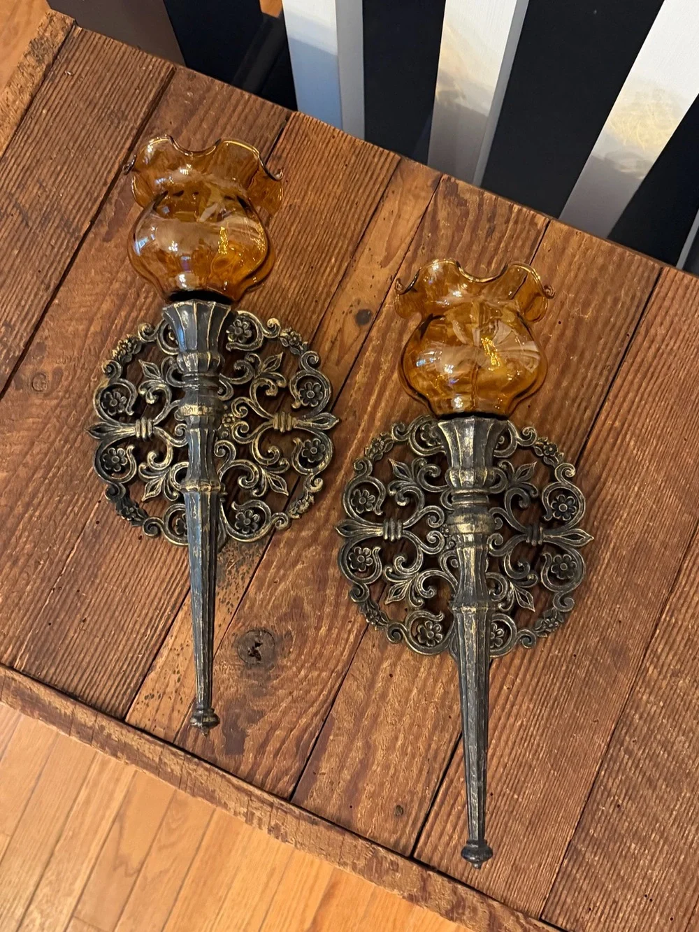 Pair of Vintage Amber Glass BOHO Farmhouse Candle Wall Sconces